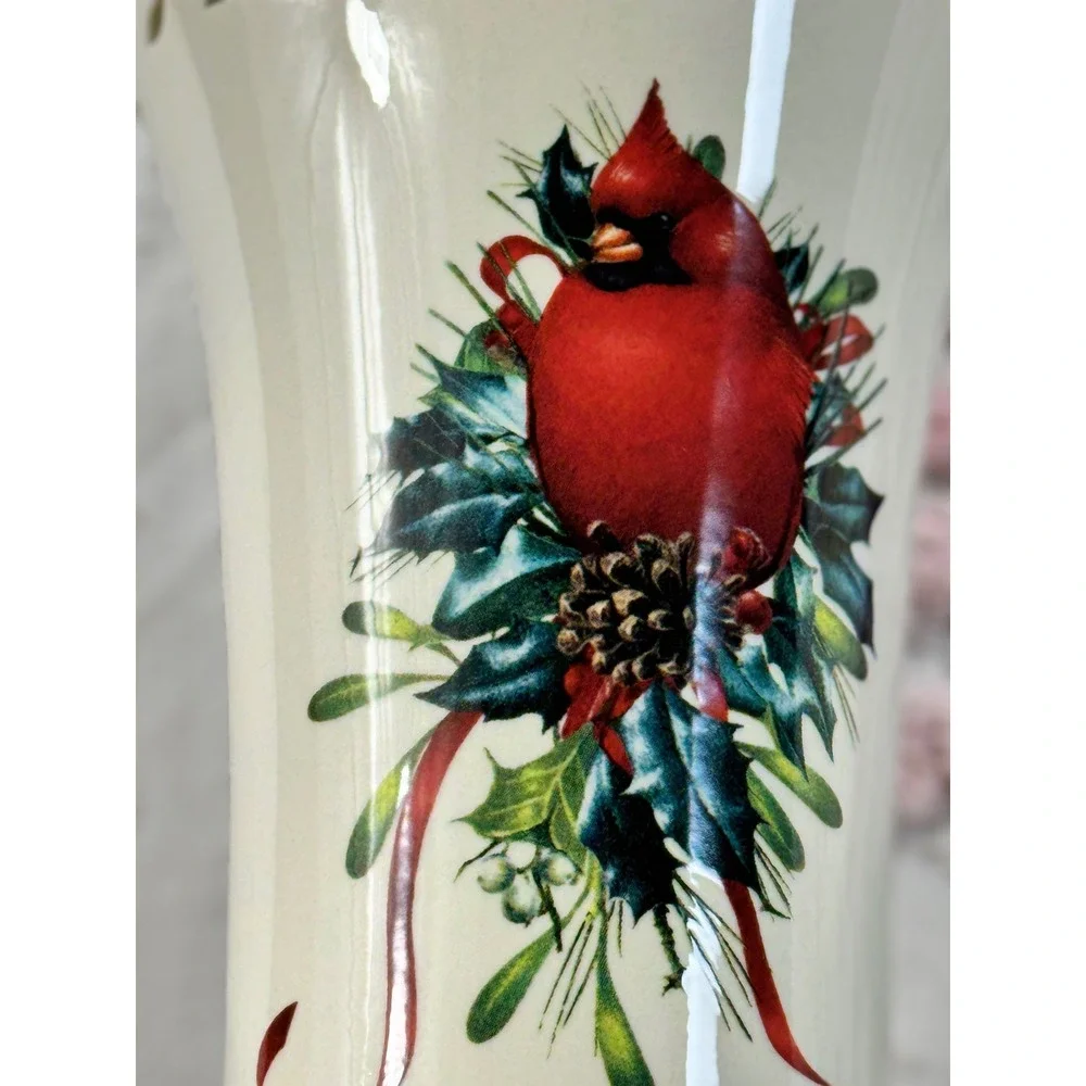 Lenox Winter Greetings Pierced Medium Vase Cardinal Holly Gold Trim 8 Inch